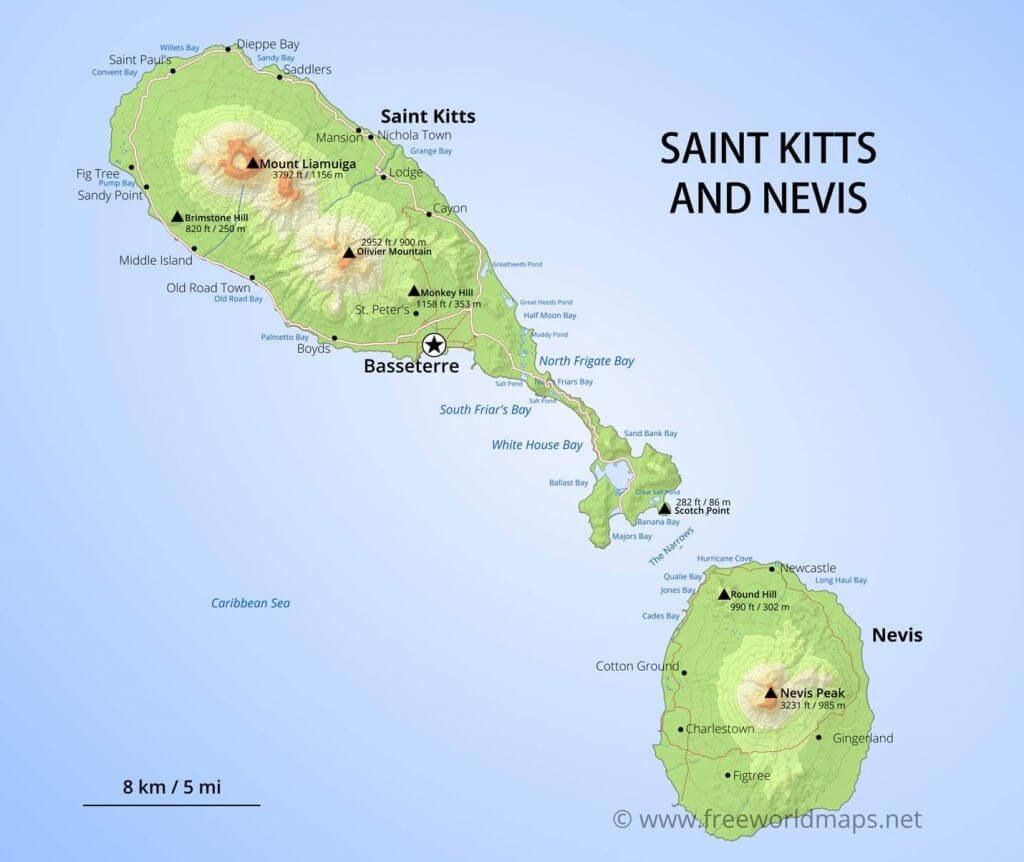 St kitts-Nevis Physical-Map